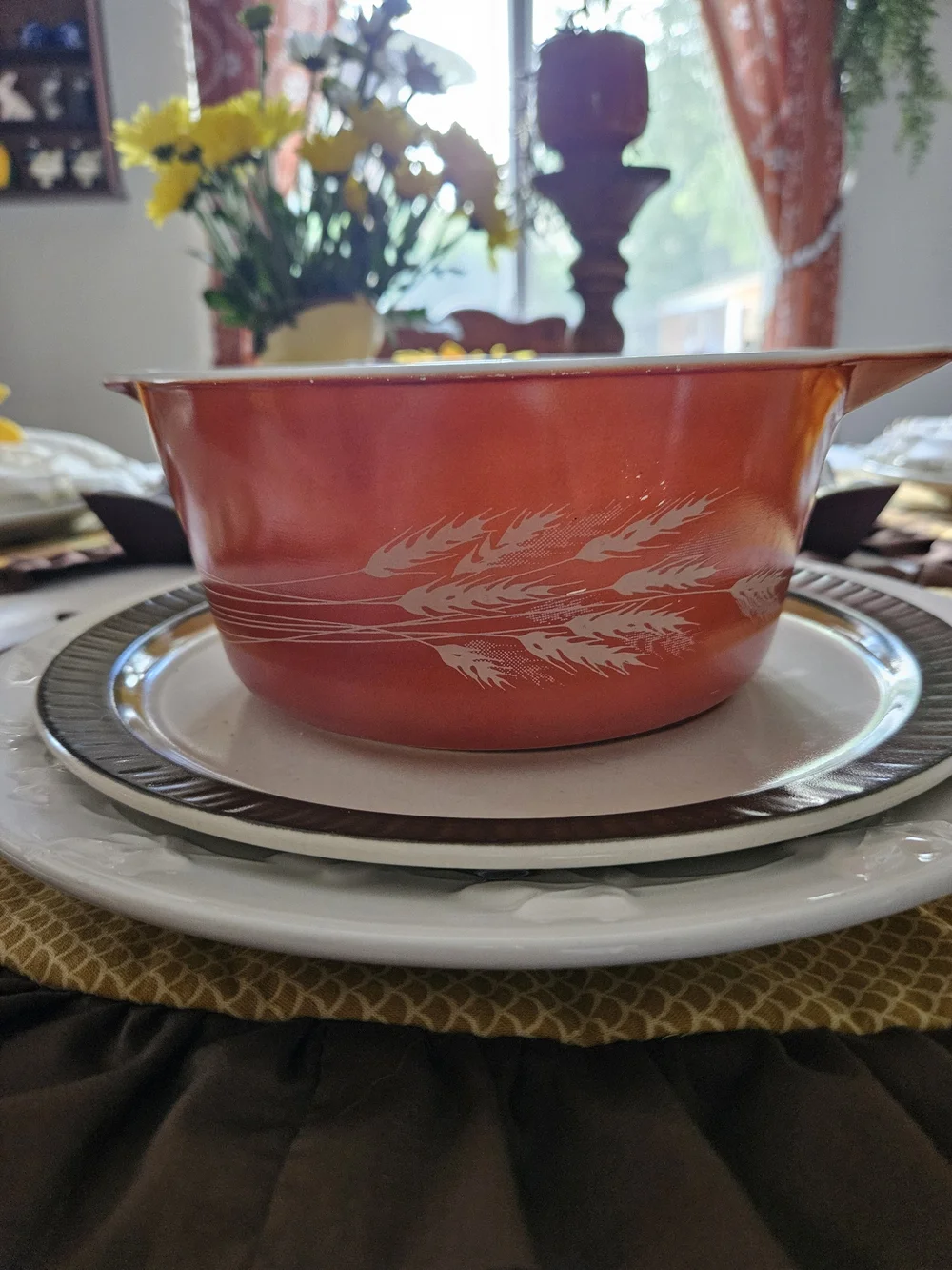Pyrex Orange Casserole Dish with White Wheat Pattern